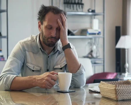 Sleepy man drinking coffee by table in the morning PAL Stock-Footage 57539964