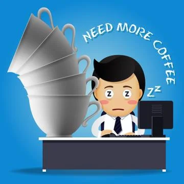 Sleepy man working on computer and many big coffee cups Stock Illustration