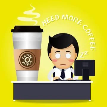 Sleepy man working on computer and many big coffee cups Stock Illustration