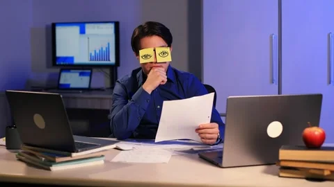 Sleepy office worker man sleeper put on face funny comical stickers fake eyes Stock-Footage 262481857
