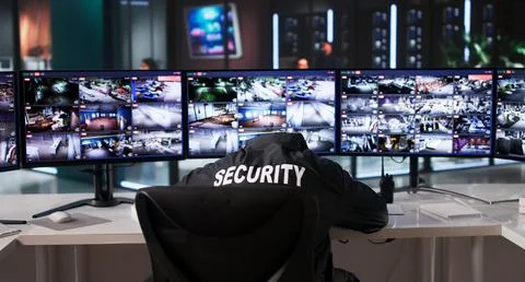 Sleepy Security Guard Watching CCTV Camera Feed On Computer Monitor Stock Photos
