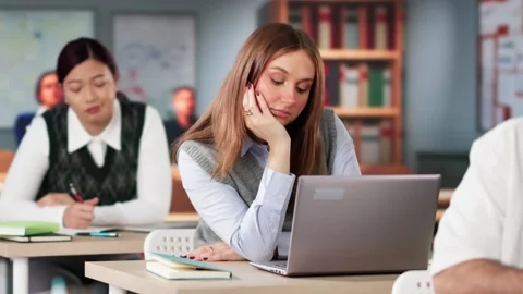 Sleepy Tired Student At Table At Class Stock Footage 296923272