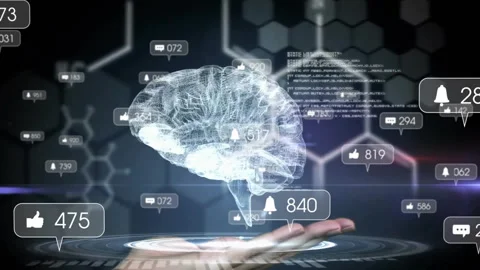 Sleeved hand hovering over pad fading icons forming rotating brain flattening Stock Footage 313618722