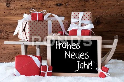 Sleigh With Gifts On Snow, Neues Jahr Means New Year Stock Photos