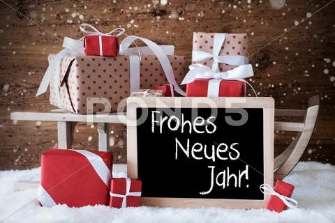 Sleigh With Gifts, Snow, Snowflakes, Neues Jahr Means New Year Stock Photos
