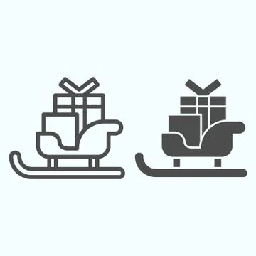 Sleigh with skis line and solid icon. Santa Claus sled with present gift boxes イラスト素材