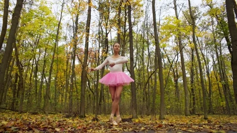 A slender ballerina performs a dance among tall autumn trees. Stock Footage 255794986
