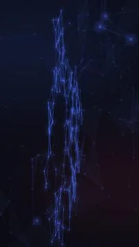 A slender blue web of luminous lines and nodes extends vertically through a.. Stock-Illustration