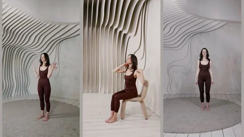 A slender girl teaches posing, demonstrating how to work with emotions  Stock-Footage 313874397
