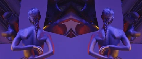 Slender naked dancer moves sensually in blue red neon or UV lighting Stock Footage 125551229
