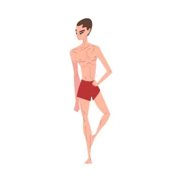 Slender, Thin Young Man in Red Shorts, Male Endomorph Body Type Cartoon Style Stockillustratie