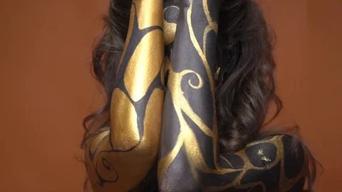 41 Silver Gold Body Paint Makeup Model Stock Video Footage - 4K