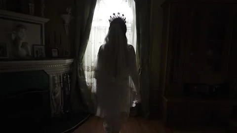 Slender young bride with long veil Stock Footage 160413622