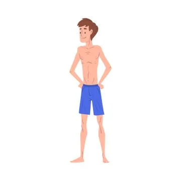 Slender Young Man in Shorts, Front View Cartoon Style Vector Illustration on Stock Illustration