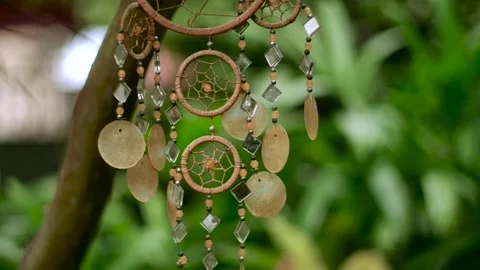 Slepping net on the tree. Wedding decoration with wooden dreamcatcher. Stock Footage 281678403