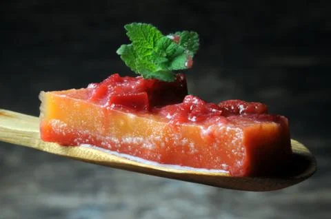 Slice of aspic with peaches Stock Photos