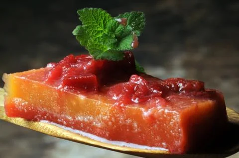 Slice of aspic with peaches Stock Photos