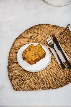 Slice of banana bread for breakfast in plate in cafe Stock Photos