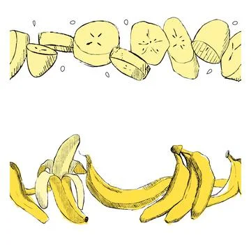 Slice bananas vector seamless pattern border horizontal frame. Tropical borde Illustrazione stock