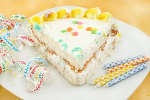 Slice of birthday cake Stock Photos