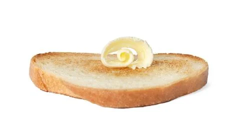 Slice of bread with butter curl isolated on white Stock Photos