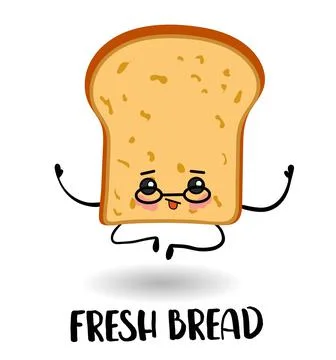 Slice of bread. Cartoon character with arms and legs and a smile and eyes. Illustrazione stock