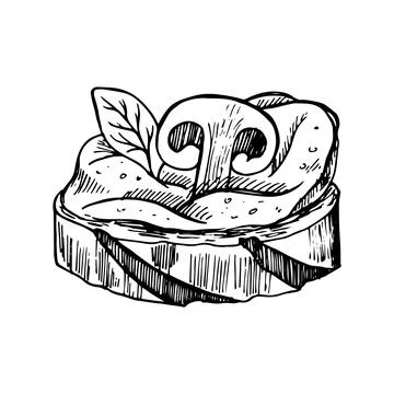 Slice of bread with cream cheese, and mushroom toast with melted cheese. Hand Stockillustratie
