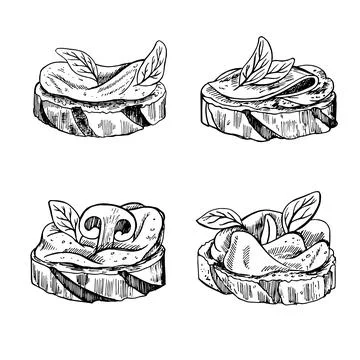 Slice of bread with cream cheese, and mushroom toast with melted cheese. Hand Stock Illustration