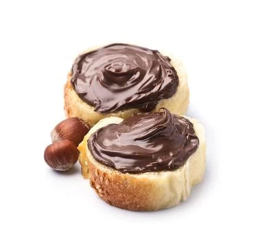 Slice of bread with hazelnut spread Foto stock