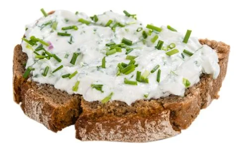 Slice of Bread with Herb Curd on white Stock Photos
