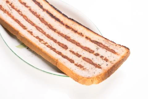 Slice of bread with minced meat, a traditional Bulgarian breakfast. Called Stock Photos