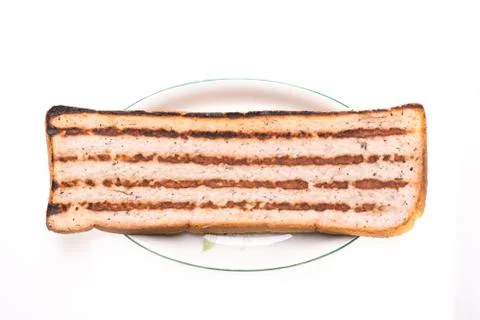 Slice of bread with minced meat, a traditional Bulgarian breakfast. Called Stock Photos