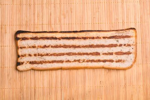 Slice of bread with minced meat, a traditional Bulgarian breakfast. Called Stock Photos
