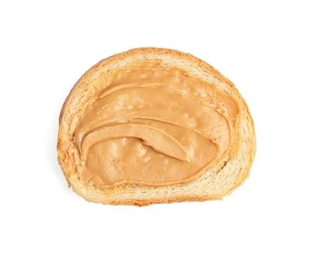 Slice of bread with peanut butter on white background, top view Stock Photos