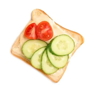 Slice of bread with spread and vegetables on white background, top view Stock Photos