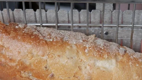 Slice of bread on vertical toaster. Incandescent heating elements glowing Stock Footage 342939994