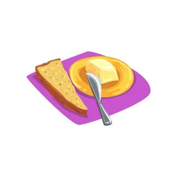 Slice of brown bread with grains on purple table-napkin and butter on yellow Stock Illustration