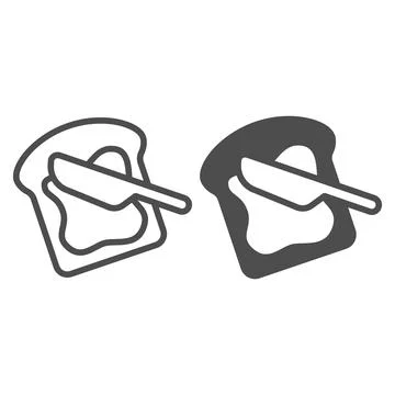 Slice of buttered bread and knife line and solid icon, dairy products concept Illustrazione stock
