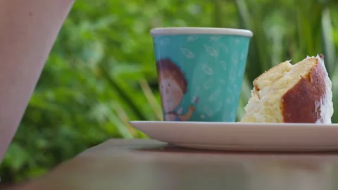 A Slice of Cake and a Cartoon Cup on a Patio Table 動画素材 336234132