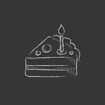 Slice of cake with candle. Drawn in chalk icon Illustrazione stock