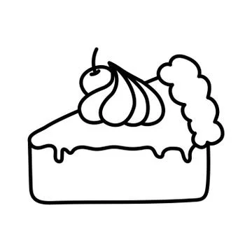 Slice cake with cherry cream on white background thick line Stock Illustration