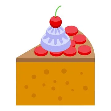 Slice of cake with cherry icon isometric vector. Calorie caramel dessert Stock Illustration
