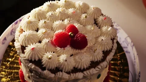 A slice of cake with cream cheese and strawberry closeup, homemade cake, dessert Stock Footage 231182876