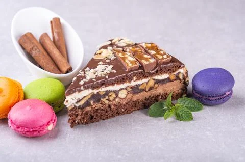 Slice of cake on a gray background for a restaurant Stock Photos