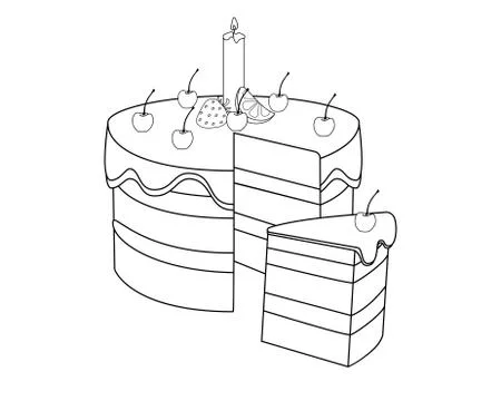 Slice cake with slice. Cherry cake with candle, glazed with cherries, lemon Illustrazione stock