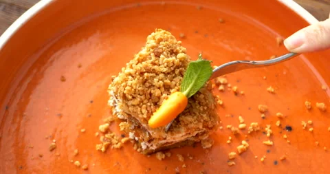 Slice of carrot cake rests on plate close-up ready to eat Carrot cake reveals Stock Footage 264348584