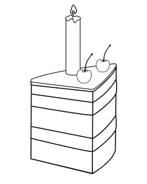 Slice of cherry cake with cherries, icing and a candle - holiday sweets - vector Stock-Illustration