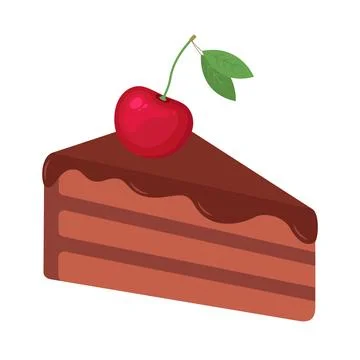 Slice of chocolate cake with cherry on top. Sweet dessert illustration on w.. Illustrazione stock