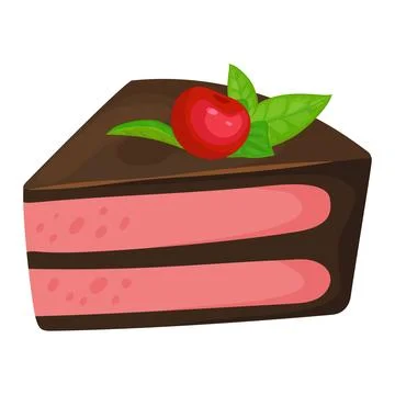 Slice of chocolate cake with pink cream and cherry on top. Delicious dessert Illustrazione stock