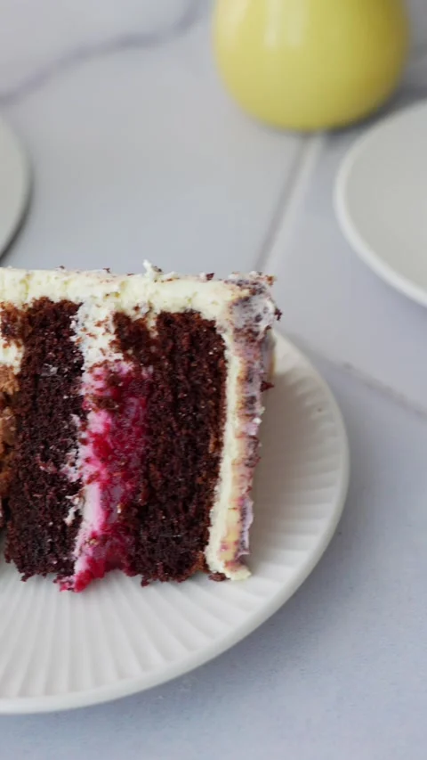 Slice of chocolate cake with raspberry filling on plate. Stock Footage 297775005